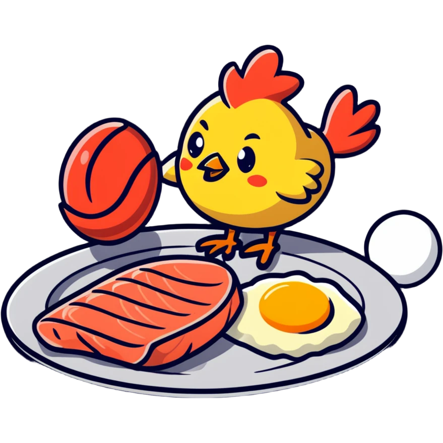 Cute sticker of a floating plate with a large chicken breast as the main focus, a red meat steak, smaller salmon fillet, and tiny egg, orbiting a DNA symbol, with energy flowing to a strong muscular cartoon figure emoji