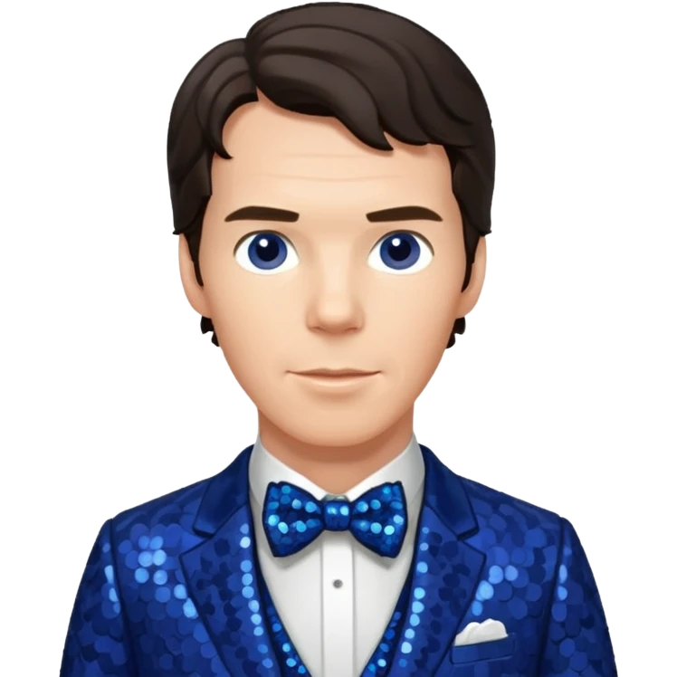 Benedict Cumberbatch with dark brown hair, indigo sequin suit with bow tie emoji