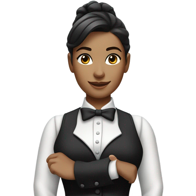 a caucasian female butler with a professional and elegant demeanor. She has her hair neatly tied in a ponytail and wears a classic butler uniform, including a tailored vest, crisp white shirt, and bow tie. emoji