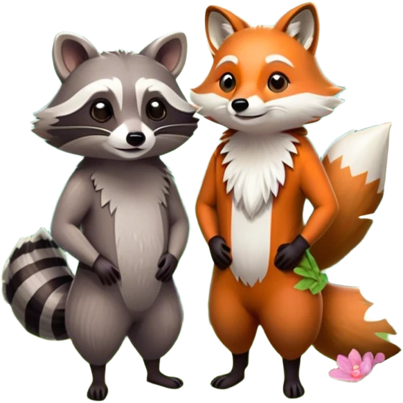 Collage of a raccoon and a fox, in close-up, set in a beautiful forest with tall trees, green bushes, and sunlight filtering through the leaves and flowers. A vibrant, wild atmosphere with a transparent background. emoji