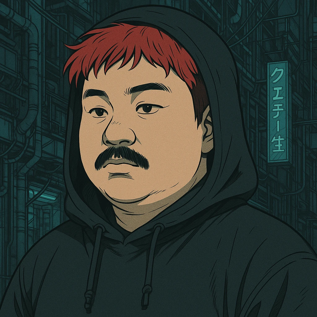 Asian man with a round face, black mustache, red hair, black hoodie, Japanese manga style inspired by Ghost in the Shell, more anime-like features, cyberpunk atmosphere, detailed linework, subtle color accents emoji