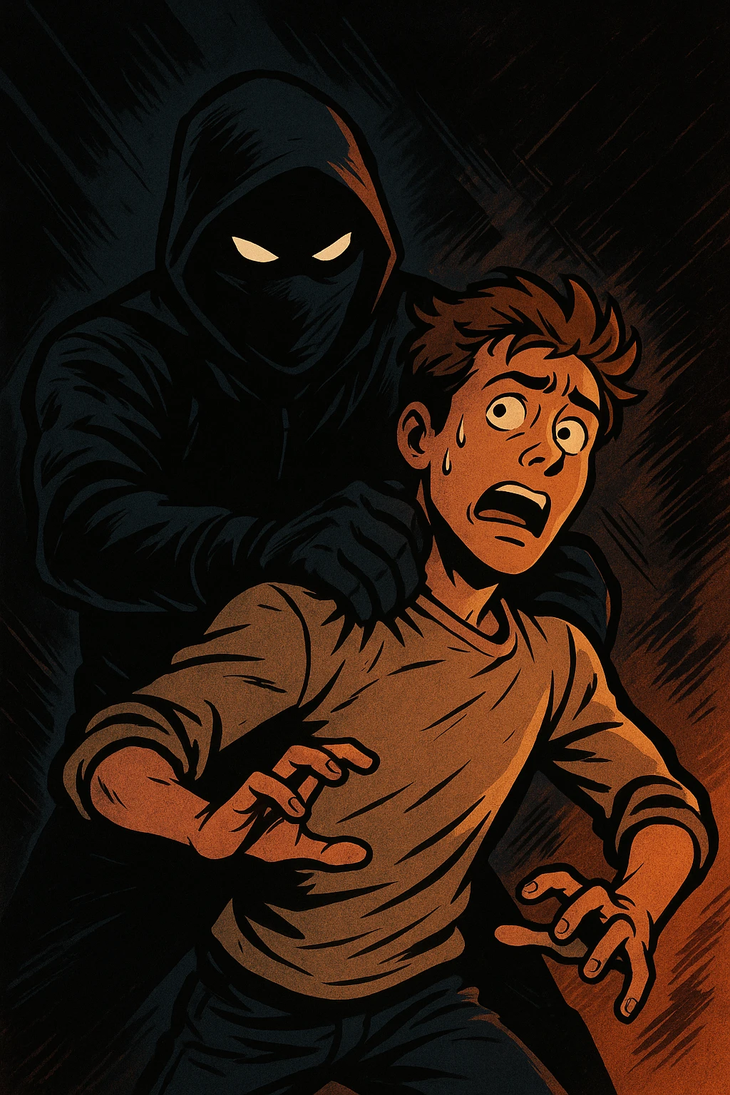 a person being grabbed by a masked figure, cartoon style, dramatic scene emoji