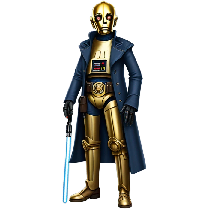 bounty hunter tarnished undercover tough well-equipped Jedi  life-sized darkblue-pearl C3po leather vest clothing pants and vest old west duster coat holding light saber sheriff emoji