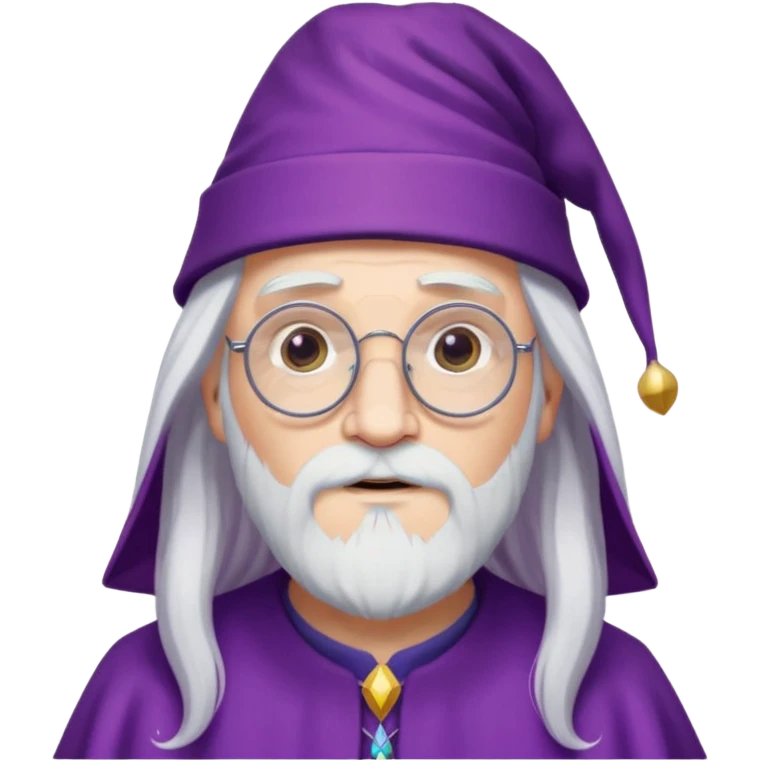 dumbledore, long white hair, wear purple magic hat, glasses emoji