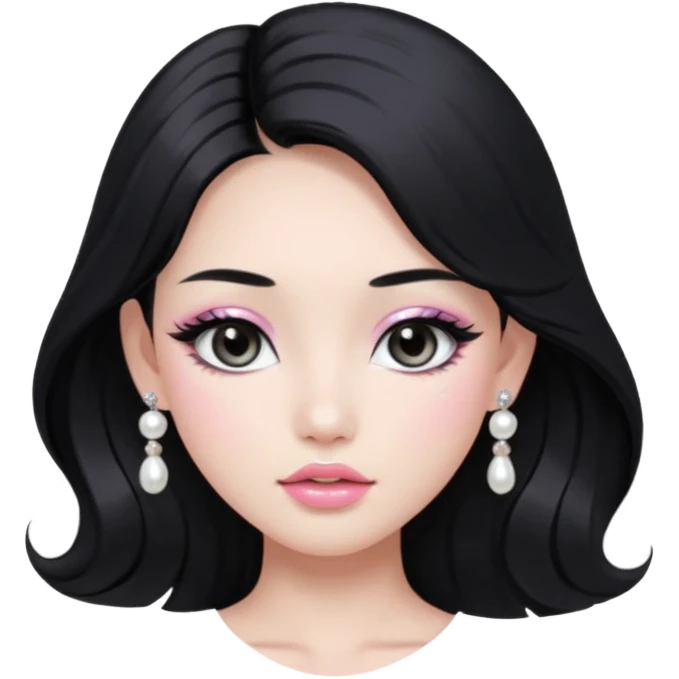 asian long voluminous black hair silver grey eyes glossy lips glittery white and light pink eyeshadow girl pearl earrings emoji