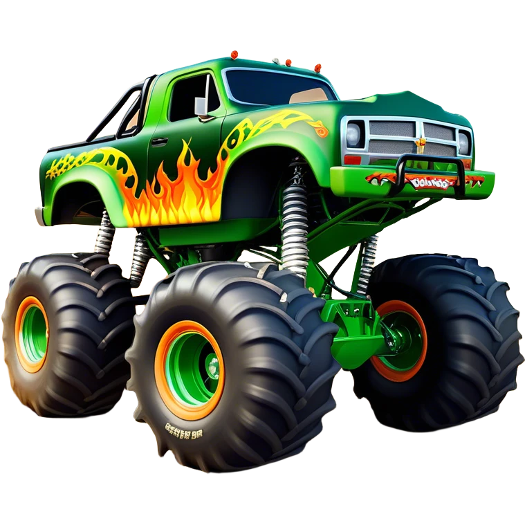 Grave Digger - Monster Jam (Model Year: 2022) (Iconic colour: Green with flames) - A legendary monster truck with a fearsome design: predominantly deep green with dynamic, vibrant flame graphics in bright orange and yellow. Highlight its rough, edgy bodywork and an aura of untamed rebellion. emoji