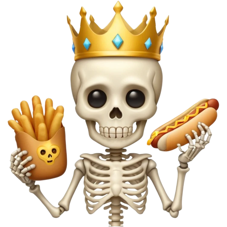 A cute skeleton wearing crown and holding hot dog emoji