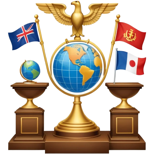 An icon featuring a podium with a speaker, national flags, and voting ballots, symbolizing political science. The design includes a globe and scales of justice in the background, representing governance, global affairs, and political theory. Transparent background emphasizes civic engagement emoji