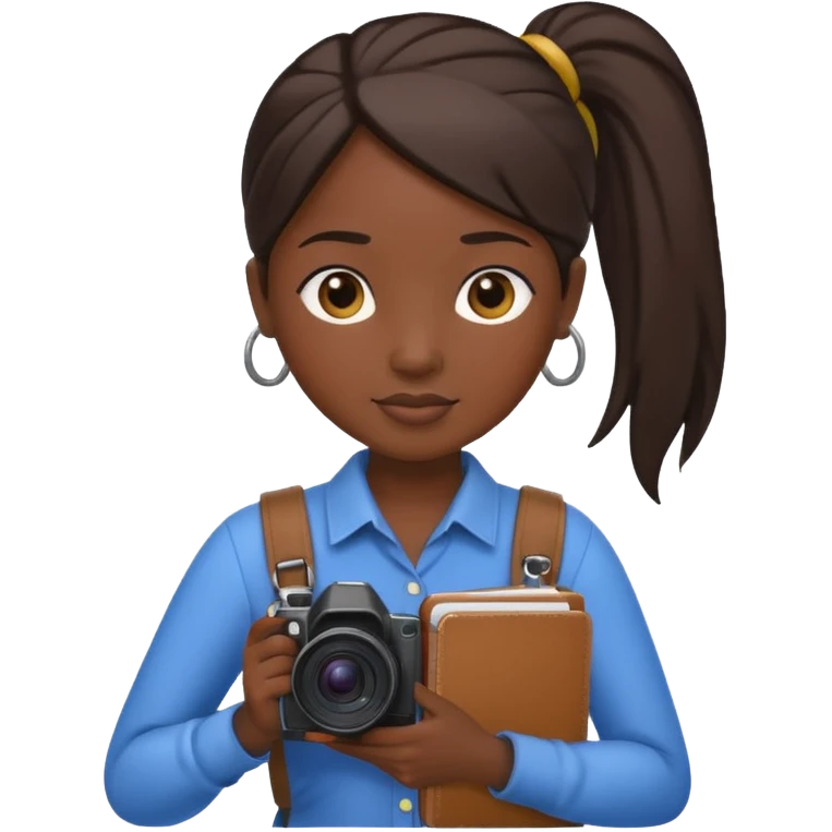 journalist dark skin woman ponytail holding camera and notebook emoji