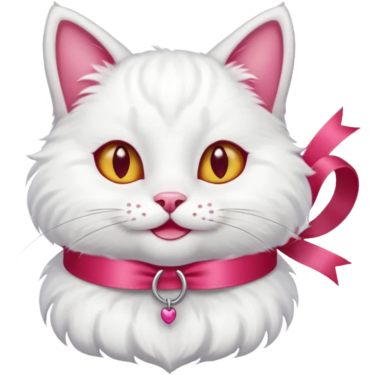 White cat, smiling, with a dangling ribbon on its head
 emoji