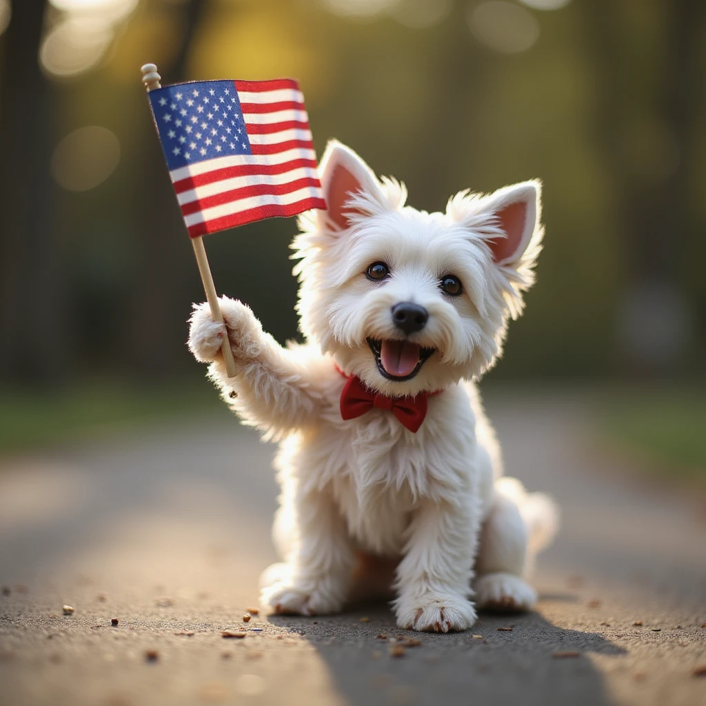 happy lifelike Westie dog waving a small US flag with realistic lighting and outdoor background emoji