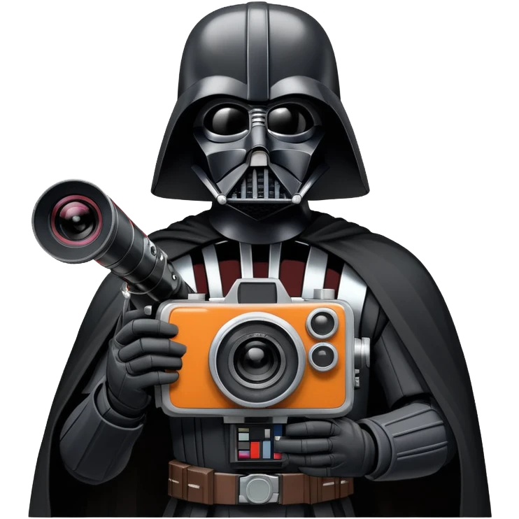 A cel-shaded illustration in the style of Borderlands, featuring Darth Vader holding a retro film camera instead of a lightsaber. Use bright, high contrast and bold outlines. No background, transparent. emoji