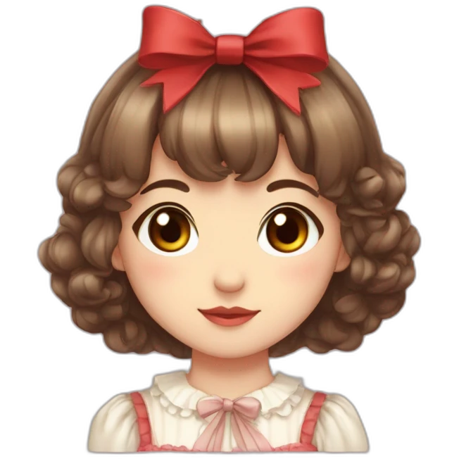 cute girl with brown eyes,brown hair,bang between eyes,short fluffy hair,red ribbon on head,lolita dress,two sides up emoji