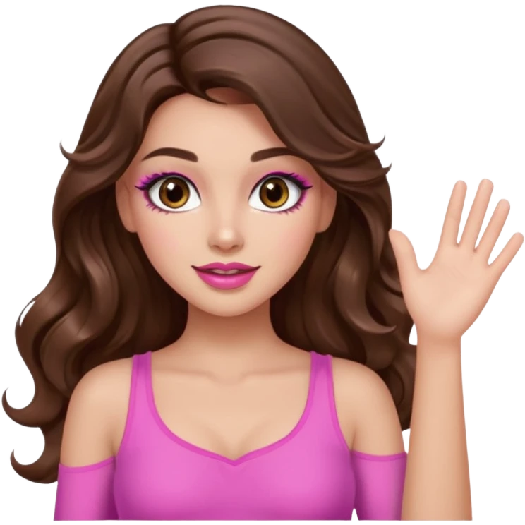 girl with long wavy brown hair, brown eyes, long lashes makeup, sexy pink lips, light to medium complexion, pink sexy top,waving emoji