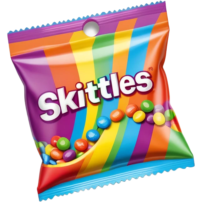 A damaged Skittles package repaired with strips of clear scotch tape, colorful packaging with rainbow colors, minimalist emoji