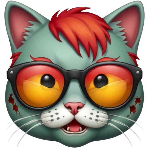 Zombie cat with red hair and sun glasses face emoji