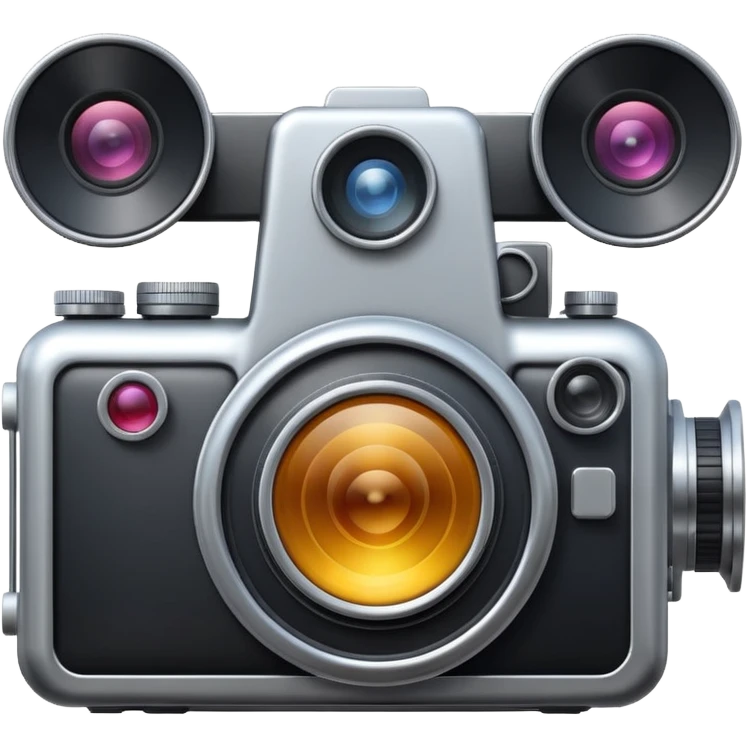 Minimal emoji icon of a huge cinematic metalic camera, front view, simple shapes, realistic lens,  emoji