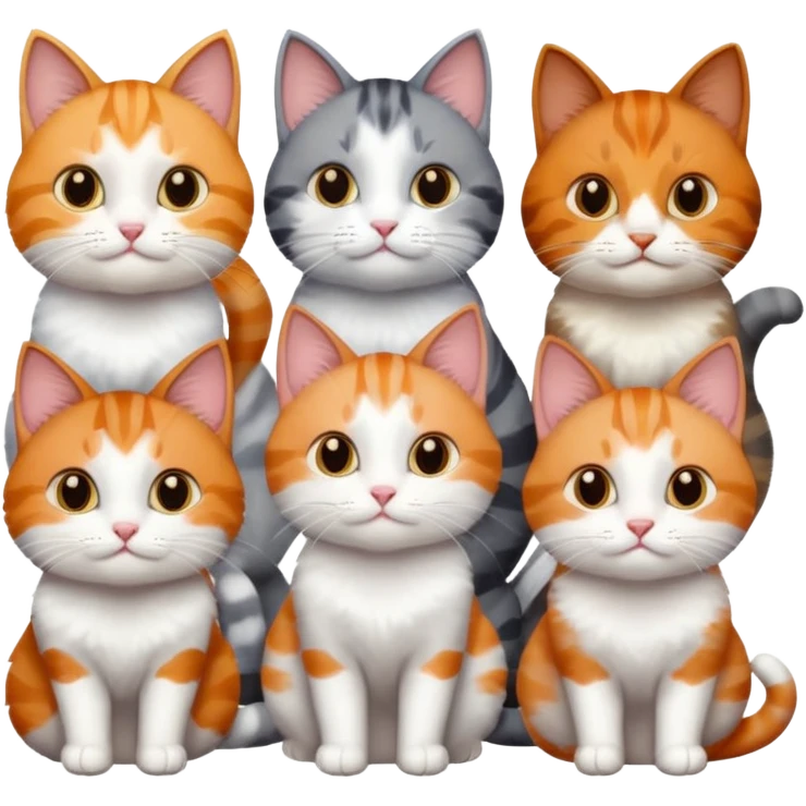 6 cats with different coloured coats, 2 are grey and white, 1 is grey with a little white, 1 calico, 1 brown tabby and white and one ginger and white emoji