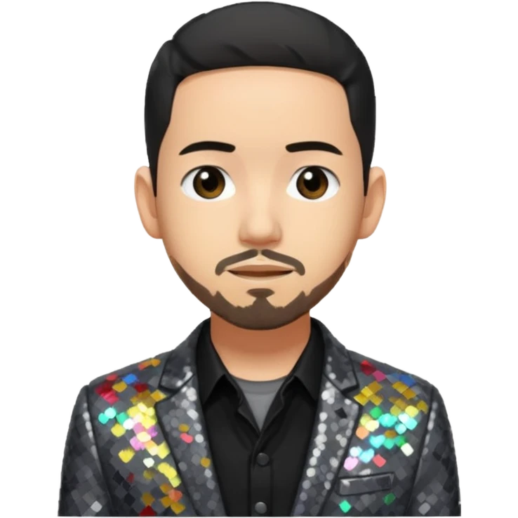 Mike Shinoda with sequin gray suit jacket with black shirt emoji