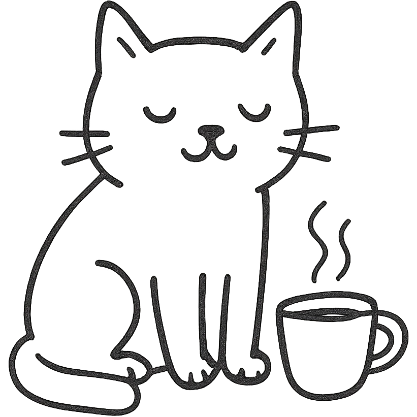hand drawn cat sitting with a steaming cup of coffee emoji