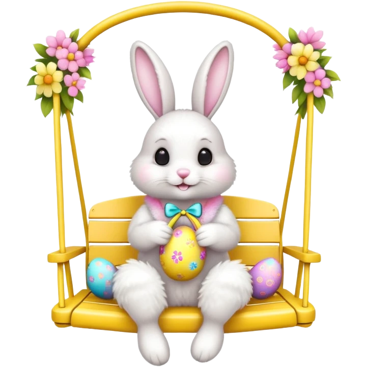 Easter bunny on yellow swing and flowers emoji
