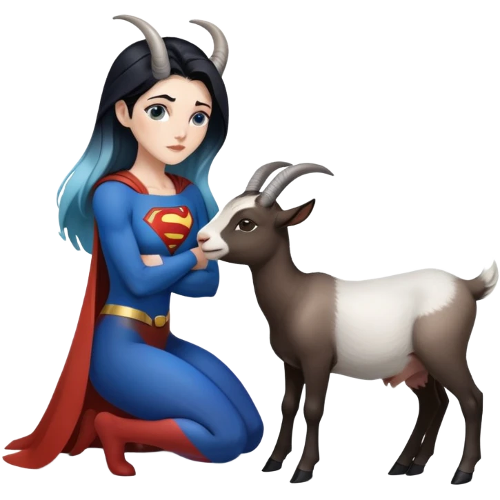 Art of a human white woman's gorgeous body scheme anatomy-very long and straight black to blue hair ombre with tiny goat antlers-leaning back-on knees-superman standing on her right-looking at each other emoji