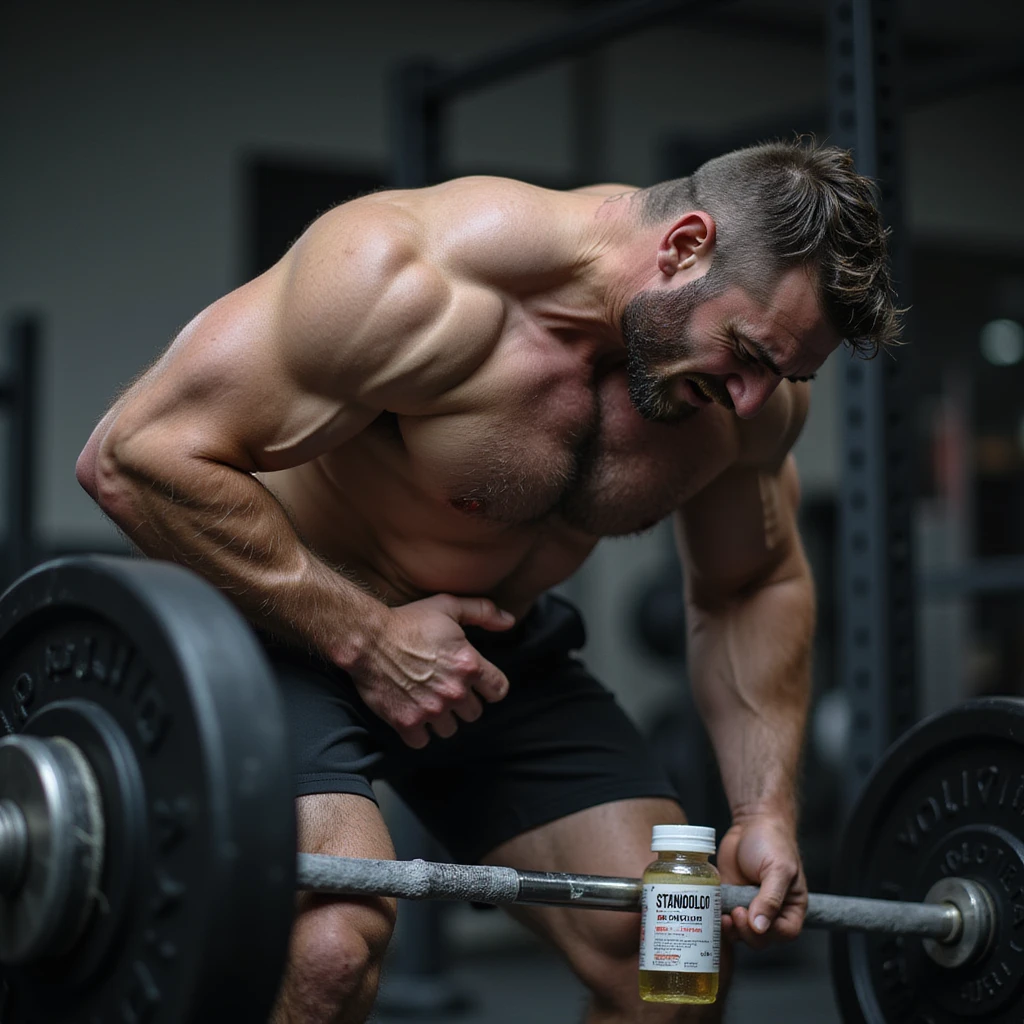European powerlifter in weight room, bending forward with hand on back, painful expression, bottle of Stanozololo near weights, fatigue atmosphere, realistic details, gym background emoji