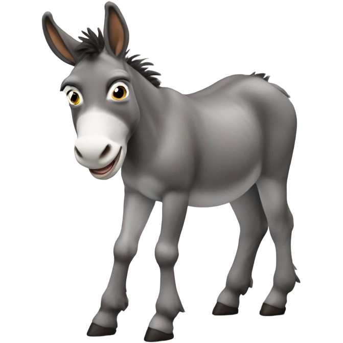 Full body miniature donkey with a happy face smiling with its head turned no white stripe emoji