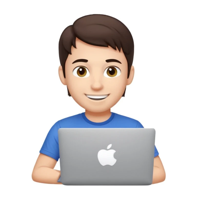 apple-style emoji of a friendly young male developer with dark brown hair, hazel eyes, a dimple, smiling and winking, wearing a tech t-shirt, at a MacBook with Apple logo, light gray background emoji
