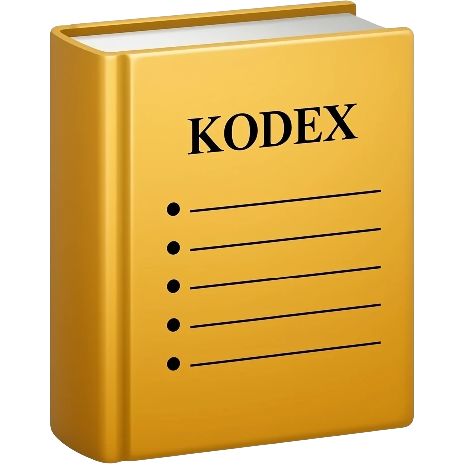a yellow thick book that in the front says KODEX in font Times New Roman and underneath has small bullet points one under another with a long line next to each bulet point and looks like an austrian Kodex (Law Book) and is standing straight up emoji