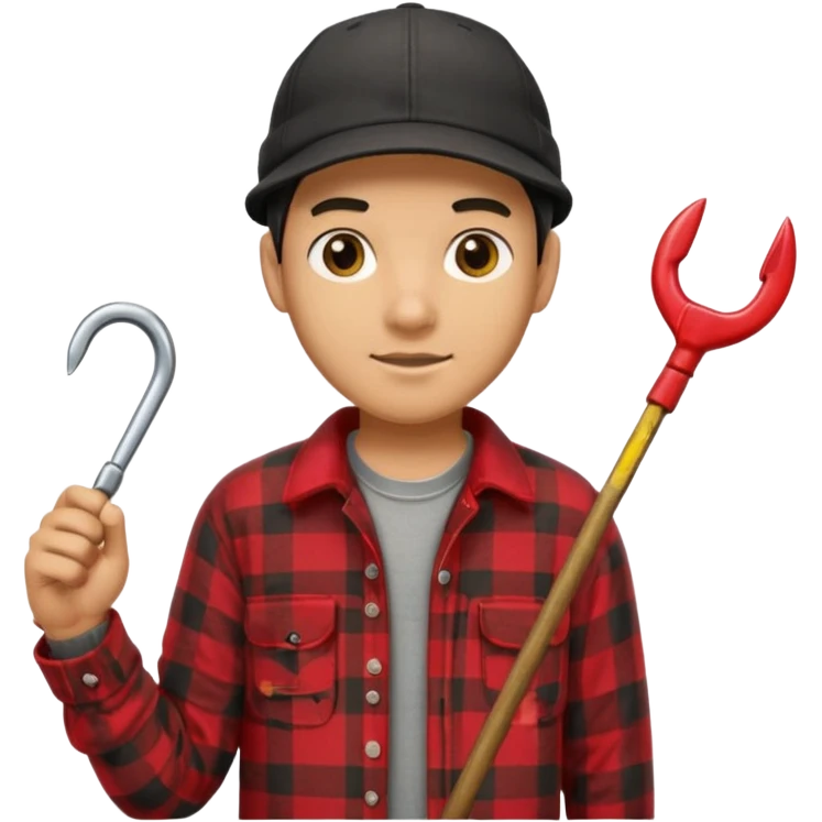 vit Ung man med svart keps röd gul rutig flanellskjorta hållandes en båtshake med stor torsk emoji