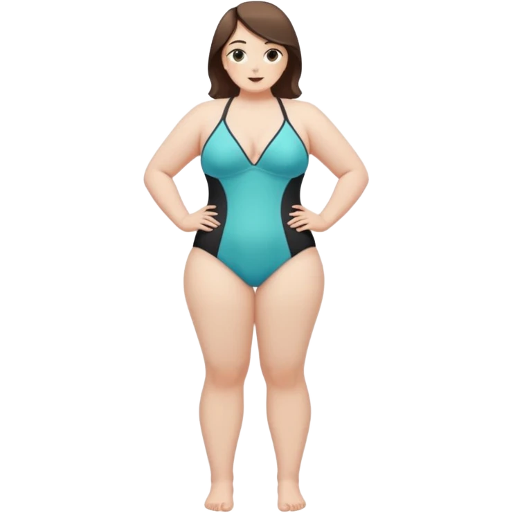 slim-thicc femboi in a swimsuit, full body, curvy slim body type, hourglass figure, posing emoji