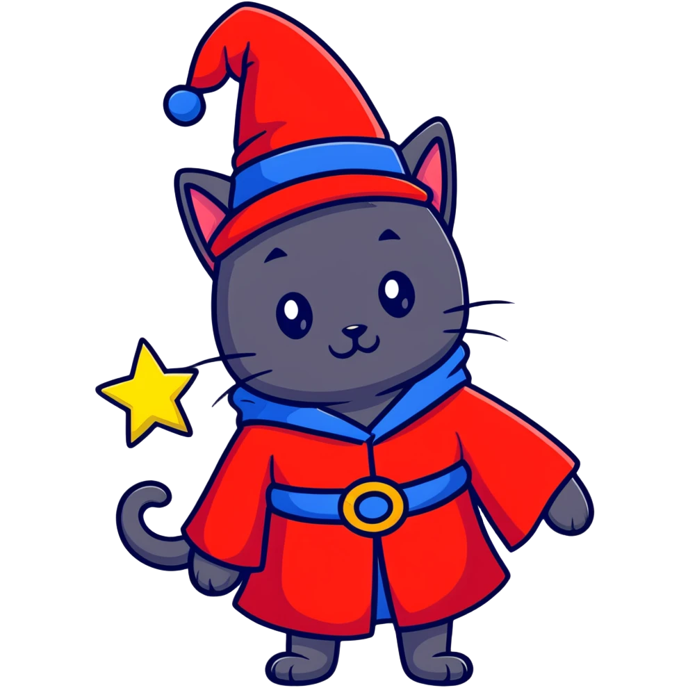 Black cat wearing red robe and blue wizard hat with yellow stars emoji