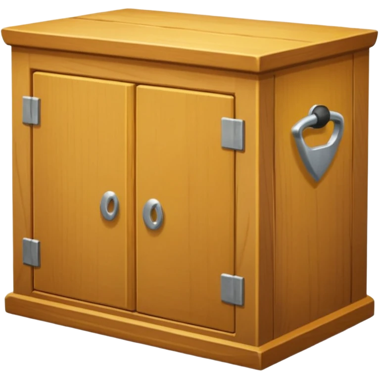 Compact emoji-style icon showing a small wooden cabinet with one door slightly open, a hammer resting beside it, and a plank of wood leaning in the background. Light brown wood tones, silver hammer head, yellow handle. Soft shadows, clean glossy look.  emoji