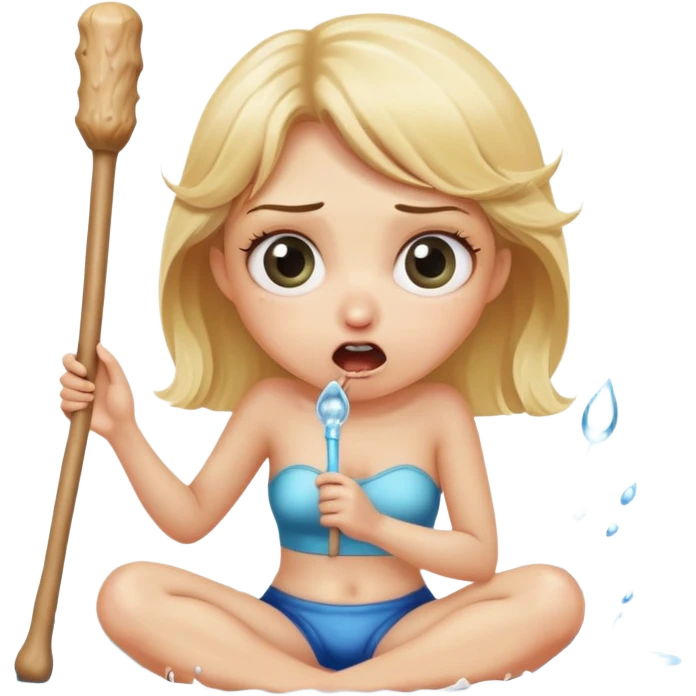 blond woman sitting on her knees with wide eyes, holding a wide skin-colored stick with a D-shaped knob, the stick has skin texture, water squirting from the knob into her mouth, shocked face emoji