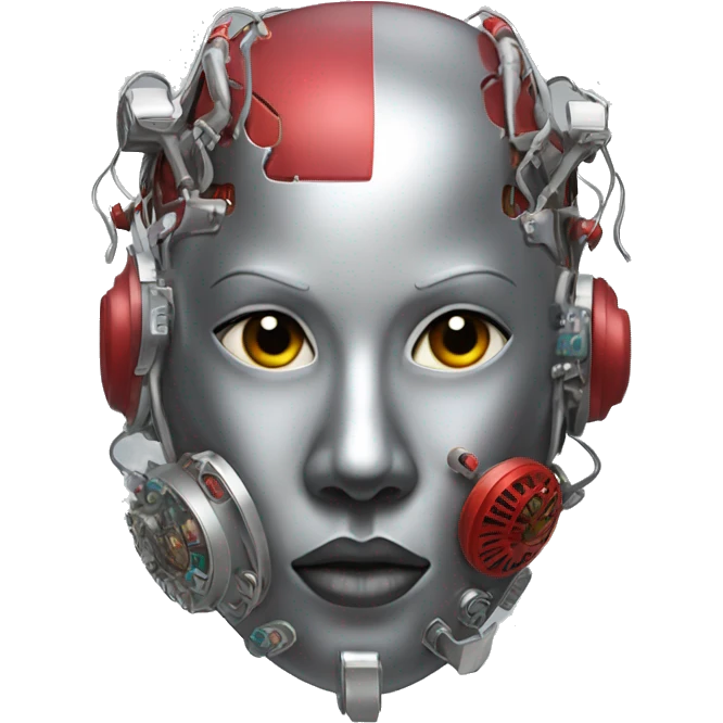 Silver Mohawk female cyborg head with red respirator mask and circuits emoji