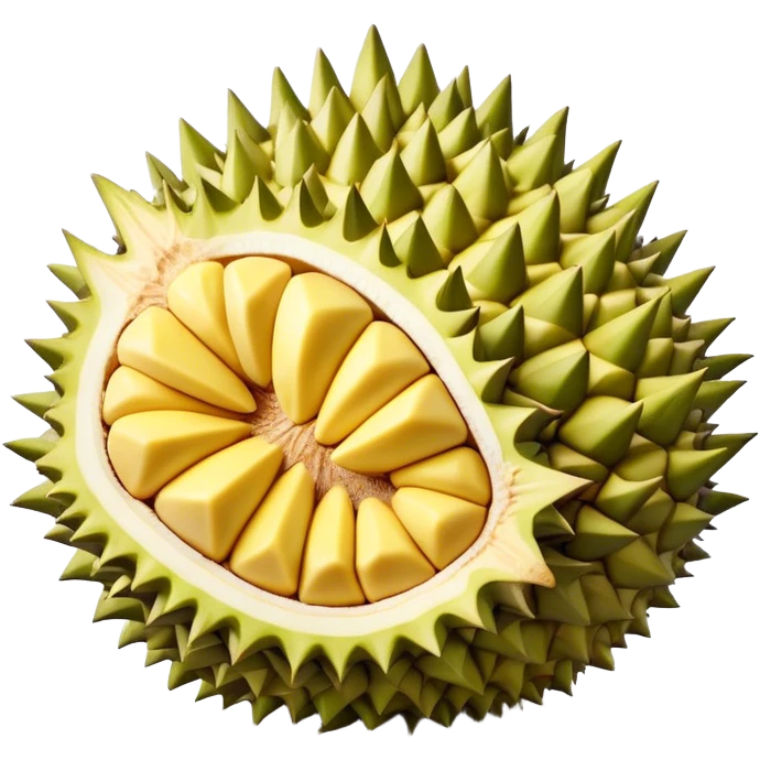 Cinematic Realistic Durian Fruit Dish Emoji, depicted as the notorious spiky fruit with a rich, custardy interior rendered with lifelike detail and bold, distinctive lighting. emoji
