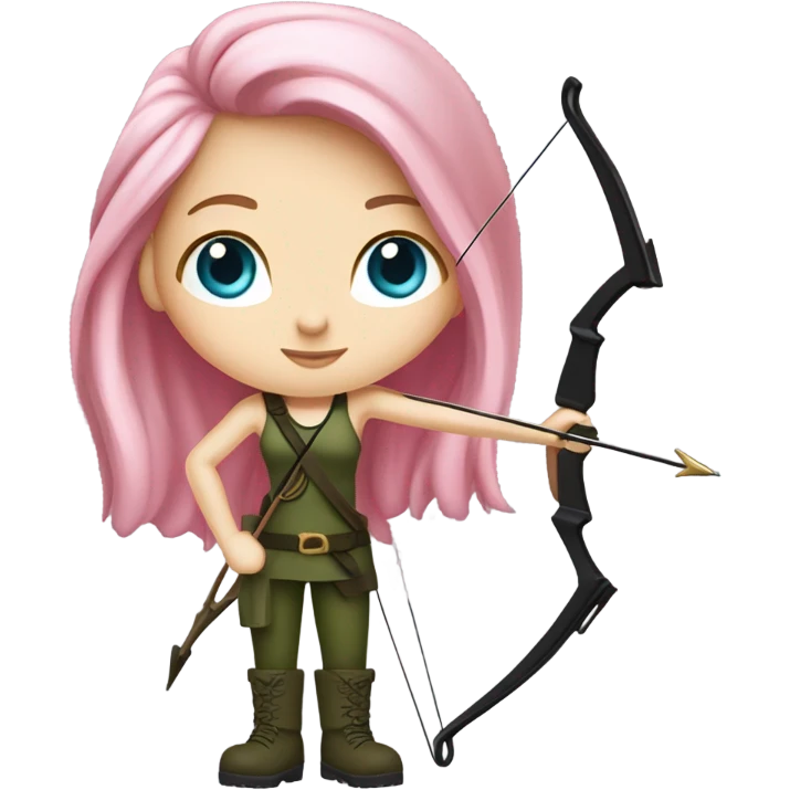 girl holding bow and arrow, long pink hair, blue eyes, white skin, army green cargo pants, black tank top, black combat boots, elf ears emoji
