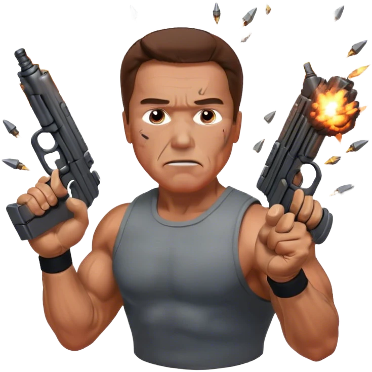 Icon for Action Movies: Arnold Schwarzenegger in the lead role, in an intense action pose with weapons, explosions, and dramatic background. The design should evoke the classic action movie feel with muscle-bound heroes and high-energy sequences. Transparent background. emoji