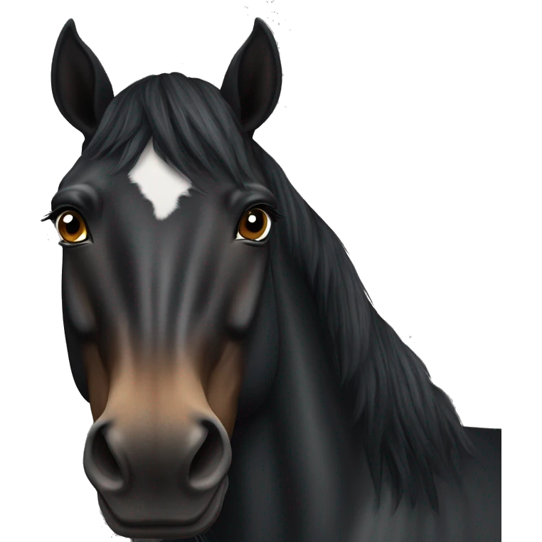 Realistic Black horse with a brown nose , short black mane, and a small white mark on her forehead emoji