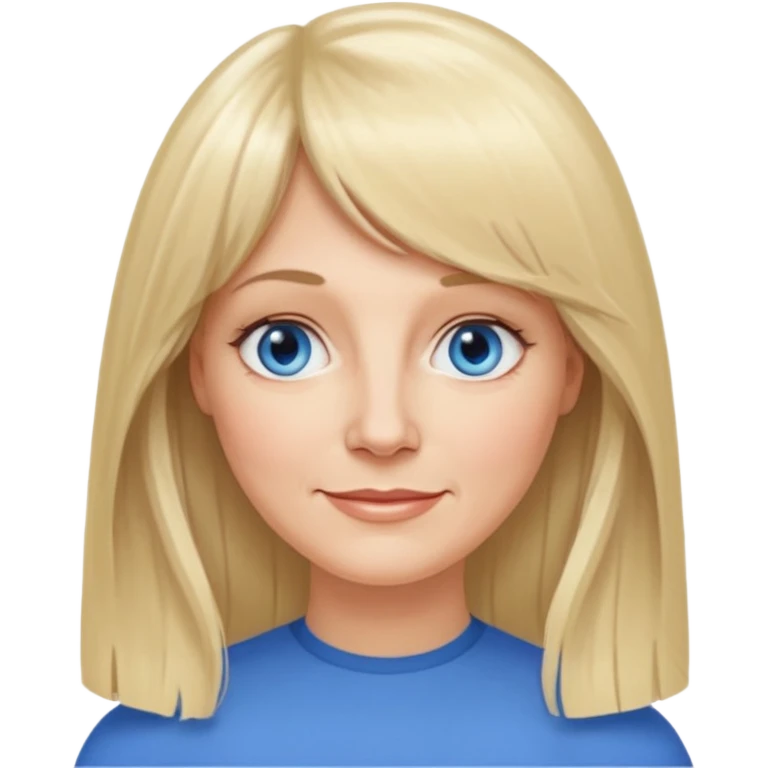 50 yr old white woman, curtain bangs, very long straight blond hair, oval face, small smile, blue eyes, thin face, hair down to elbows, round cheeks, pale emoji