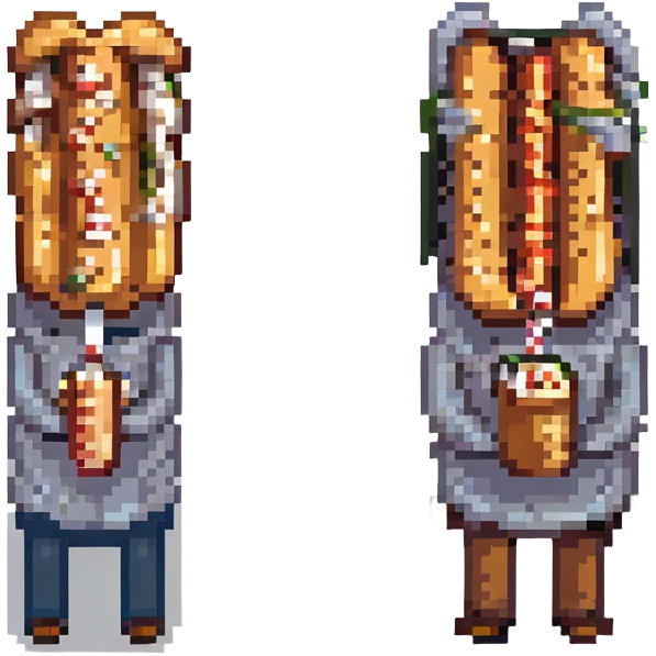 two men eating a hot dog face to face, pixel art style emoji