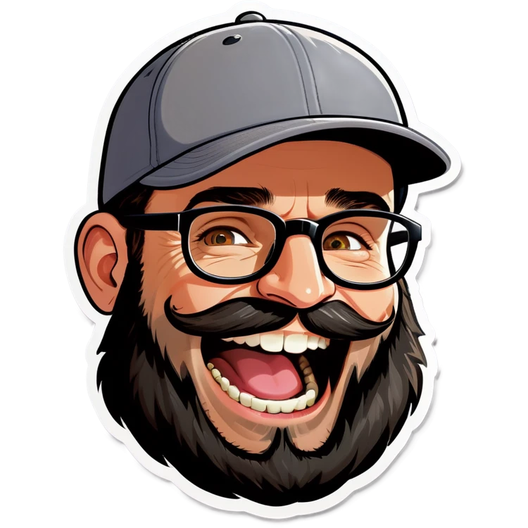 A man with a grey baseball cap, hazel eyes, big dark brown beard and glasses, laughing emoji