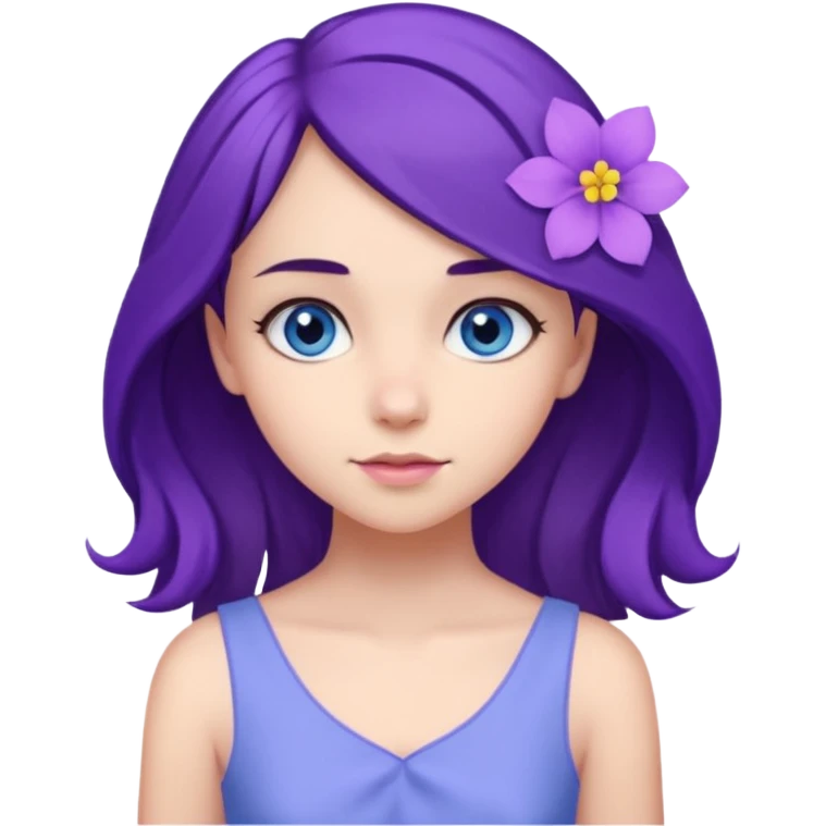 Create a girl of European appearance who looks sideways with dark brown hair, blue eyes and a purple hair flower emoji