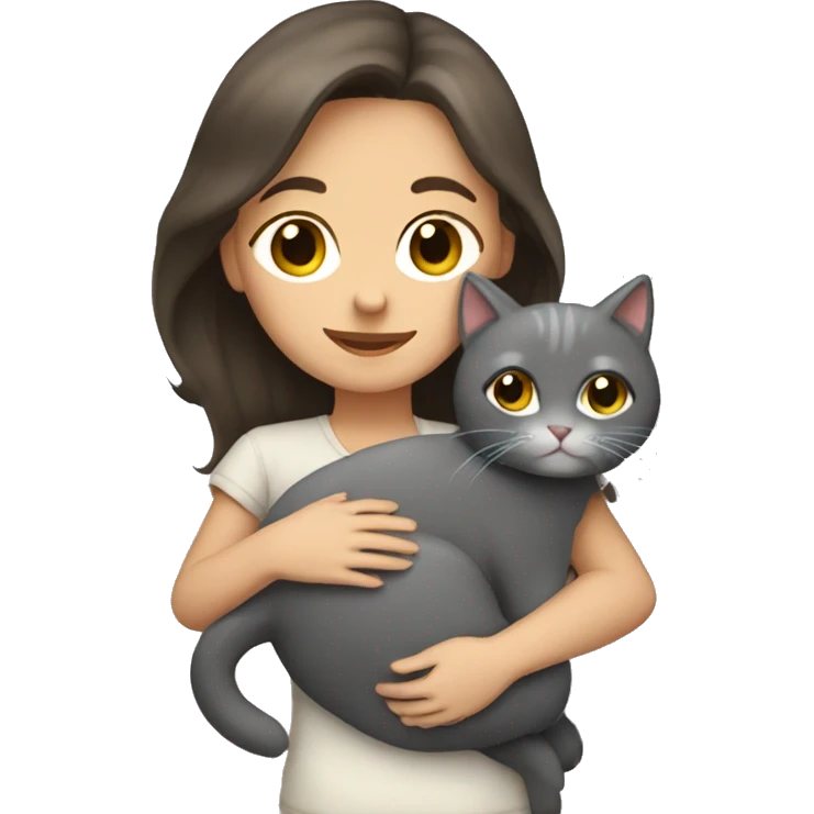 Brunette girl hugging gray cat emoji