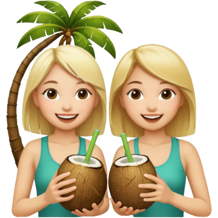 Two girls drinking out of a coconut one Asian one blonde  emoji