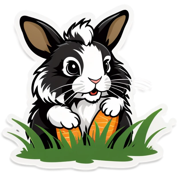 Black and white draft Lionhead, bunny eating a grass  ￼ emoji