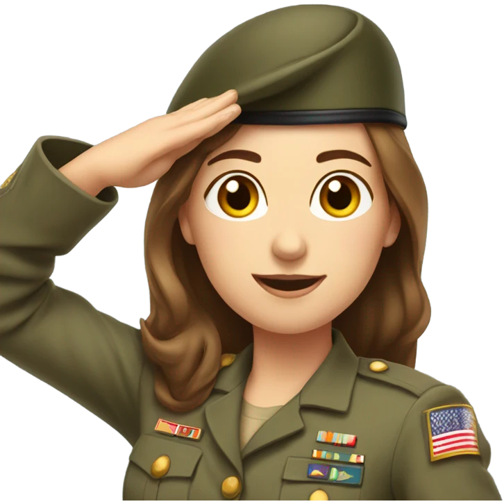 Just shoulders White woman long brown hair in army uniform salute   emoji