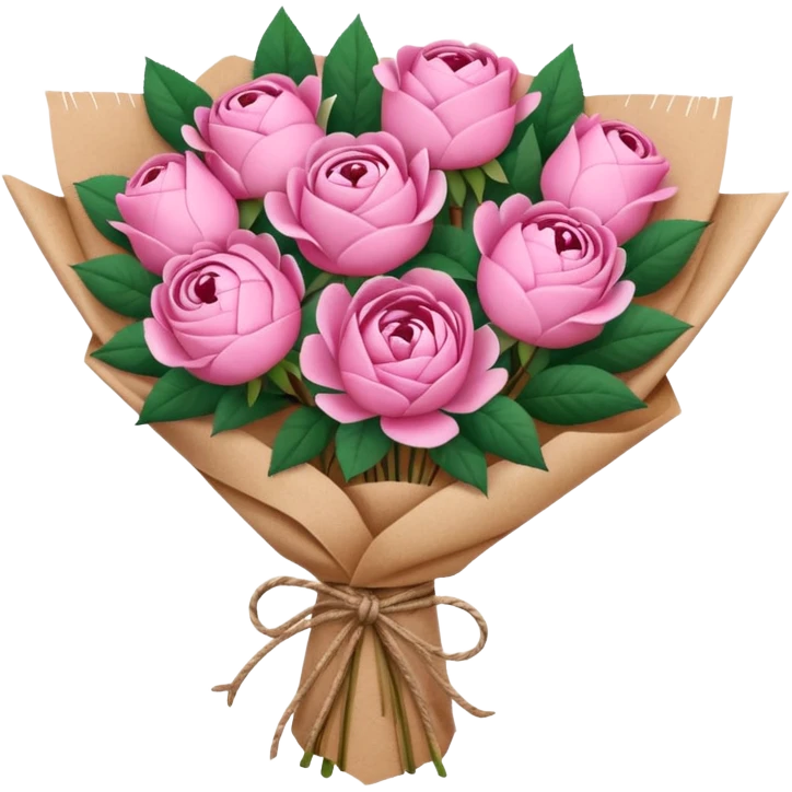 Bouquet of pink flower like rose and peony wrapped in kraft paper emoji