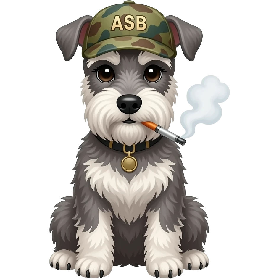 Perra schnauzer color hueso, hembra  con pestañas ,sentada con un vape sacando humo, con gorra  🧢 volteada a la derecha con un diseño  militar y que la gorra tenga las letras de ASB  en el centro emoji